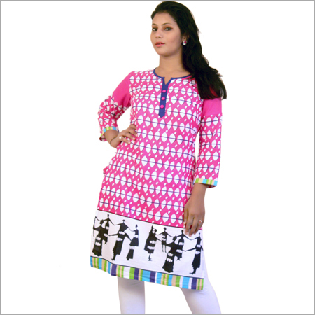 Kurtis - Cotton, Knee-Length, Pink | Stylish Design, Comfortable Fabric, Round Neck, Three-Quarter Sleeve