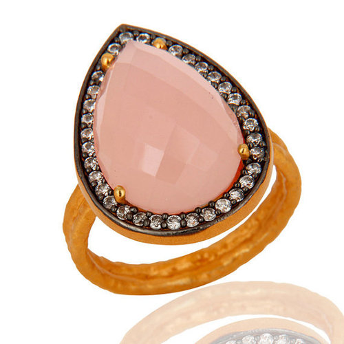 Aqua Chalcedony (cubic zirconiya) Gemstone Ring- Vermeil Gold