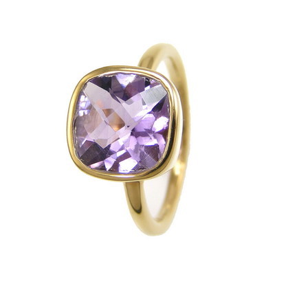 Amethyst Gemstone Ring - 14K Vermeil Gold, Cushion Bezel Setting, Elegant Design