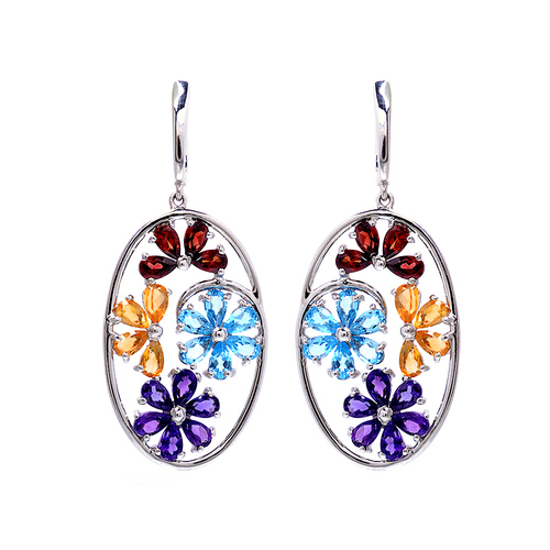 925 Sterling Silver Drop Earrings 25-30mm, Blue Topaz Garnet Citrine Gemstones, Elegant Multicolor Design