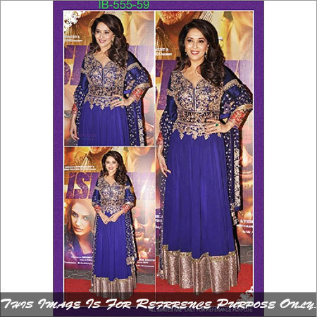 ib-555 - Pure Georgette & Net, 900gm - Blue Printed Fabric, Full Sleeves, Dry Clean & Washable, Suitable for Rainy, Spring, Summer, Winter