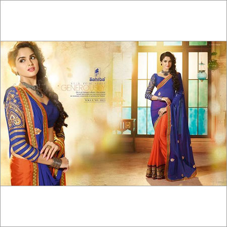 Blue and Orange designer saree