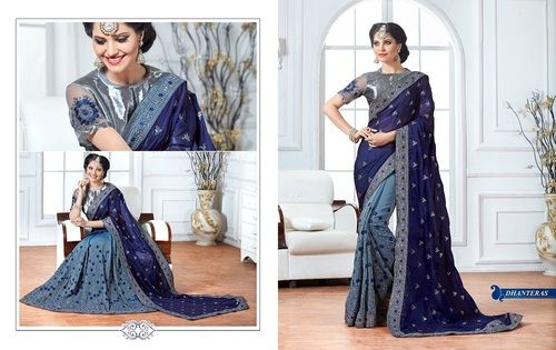 Blue Sequence Work Net Saree