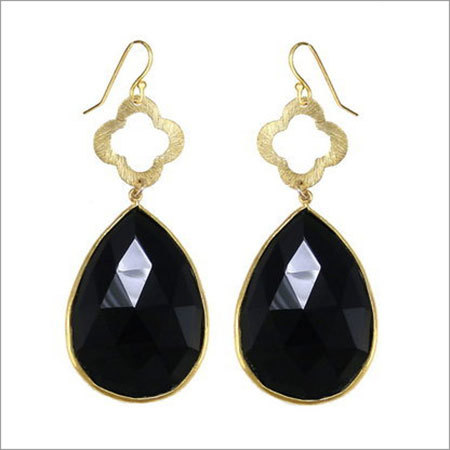 Black Onyx Gemstone Earring - 14K Vermeil Gold, 25x15 mm, Pear Cut | Elegant Drop Design, Black Onyx Gemstone