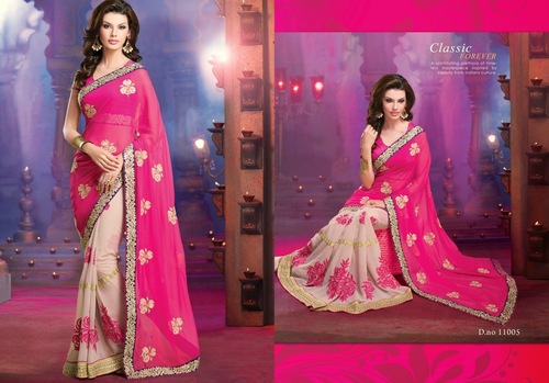 Classic Looking Saree - Georgette Silk, Pink with Silver Zari Embroidery | Floor Length, Patch and Butta Work, Row Silk Blouse
