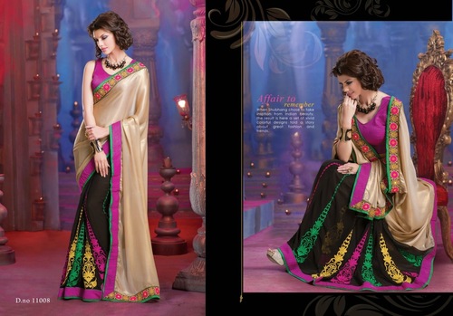 Acqure Saree - Georgette Net Silk, Floor Length, Black and Cream with Green and Pink | Embroidery, Golden Zari, Nakshi Work, Row Silk Blouse