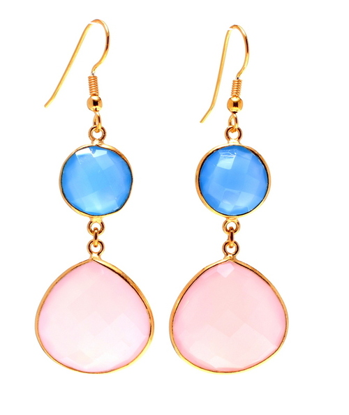 blue chacedony & Pink chalcedony earring Gemstone- vermeil Gold