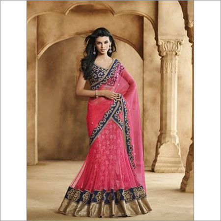 Party Wear Chaniya Choli - Net Fabric, 54 Inch, Pink | Hand Embroidery, Fishtail Style, Comfortable Wear
