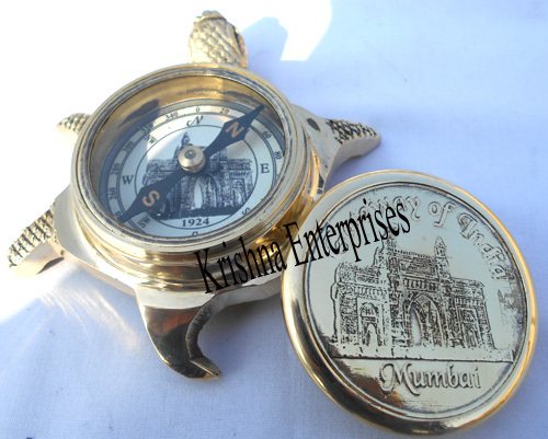 Brass Replica Compass - 2 Inch Diameter, 4x4 Inch Tortoise, Polished Brass, Gate Way of India Engraving, Nautical Design