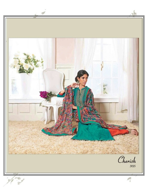 Neck Work Suit - Pure Cotton Fabric, Teal, Chiffon Dupatta | Soft Fabric, Printed Pattern, Comfortable Fit