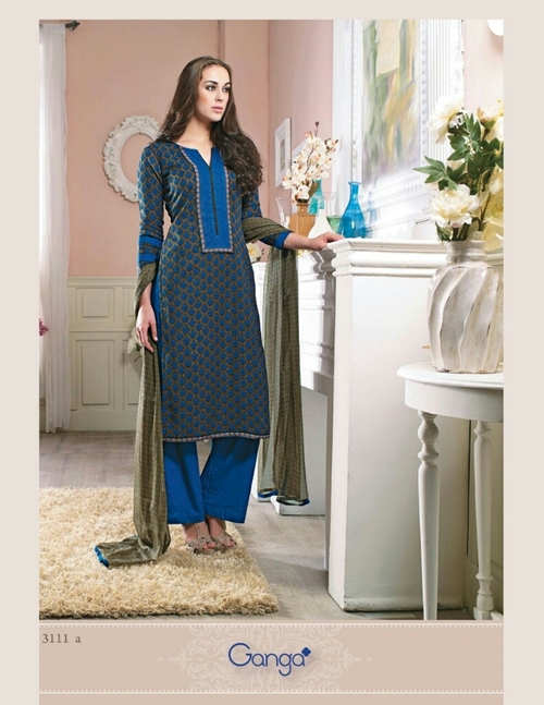 Designer Suit 3 - Cotton Fabric with Chiffon Dupatta, Blue | Elegant Design, Soft Cotton, Comfortable Fit