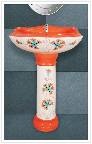 sterling Pedestal Wash Basin - Ceramic, Orange, Floral Design | Smooth Glazing, Water Saving, Wall Mounted