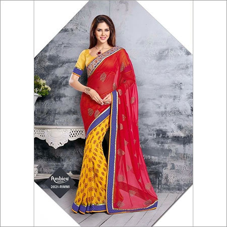 Classic Saree - Pure Silk Blouse, Poly Georgette Chiffon, Red and Yellow | Embroidery, Zari, Patch Work, Floor Length