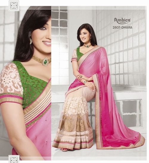 Stylish Saree - Net, Satin Chiffon Fabric, Cream and Pink Floor Length, Embroidery, Zari, Patch Work, Broket Blouse