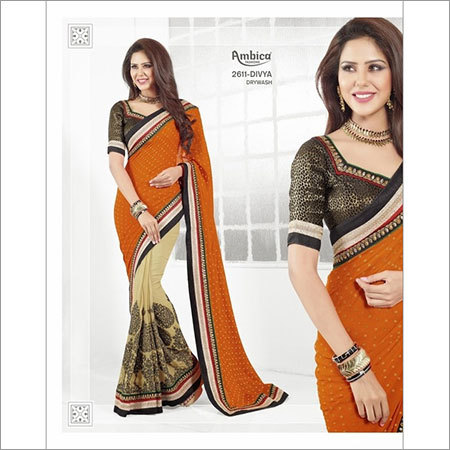 Stylish Saree - Poly Georgette Fabric, Floor Length, Cream and Orange with Black and Red Lines, Broket Blouse | Embroidery, Golden Zari, Nakshi Work, Perish Butti Pattern