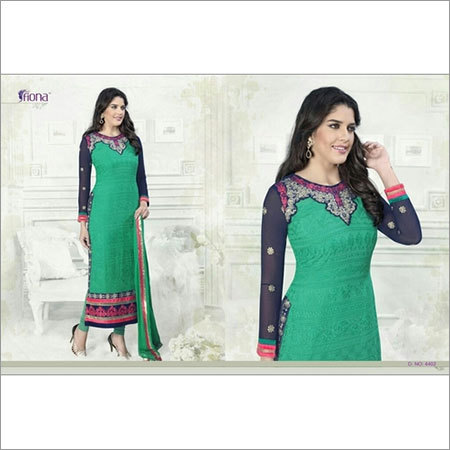Design Colour Suit - Semi Georget Fabric, Floor Length Green, Embroidered, Round Neck, Long Sleeves, Comfortable Fit