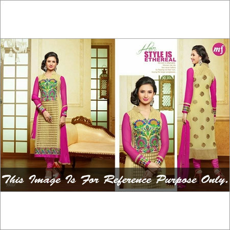 Pink Heavy Design Work - Semi Georget Fabric, 54 Inches, Pink | Elegant Printed Design, Soft, Stylish, Comfortable Fit