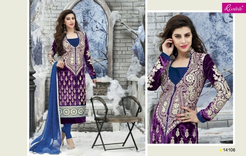 Purple with Heavy Work - Velvet 54 Inches, Floral Design, Handcrafted Embroidery, Elegant Style
