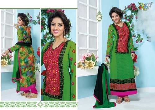 Green with Long Neck - Semi Georget Fabric, Green, Knee Length | Elegant Embroidered Design, Long Sleeves, Comfortable Fit