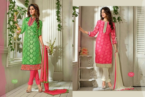 Green with Pink - Chanderi Fabric, 54 Inches, Lined | Elegant Design, Soft Fabric, Comfortable Fit, Stylish Look