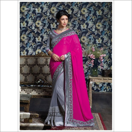 Pink heavy work saree