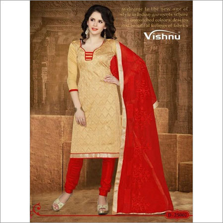 Cream Chanderi Suit - Chanderi Fabric, Beige with Red Dupatta, Custom Size, Embroidered Work, Soft Fabric, Comfortable Fit