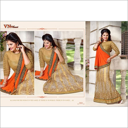 Indian Designer Saree - Net Fabric, 5.5 Meters Length, Free Size, Beige Color, Gold Thread Embroidery | Comfortable Fit, Elegant Design, Intricate Embroidery, Perfect Occasion Wear, Stylish Drape, Versatile Style