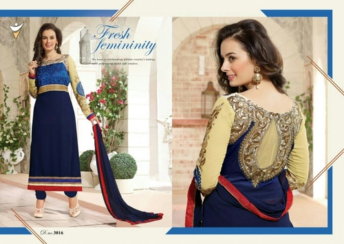 Blue Cream Suit - Semi Georget, Floor Length, Multiple Sizes | Elegant Design, Soft Fabric, Perfect Fit, Stylish Look, Comfortable Wear, Durable Material, Trendy Style, Round Neck, Long Sleeves, Semi-Stitched