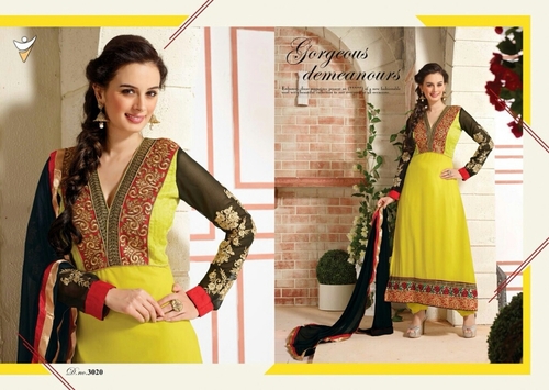 Yellow Black Suit - Georgette, V-Neck, Long Sleeve, Embroidered | Stylish Design, Soft Fabric, Comfortable Fit, Elegant Look, Perfect Tailoring, Party Wear