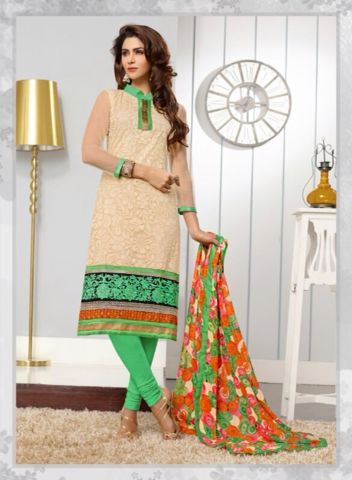Cream Rama Green - Chanderi Brasso Fabric, Long Sleeves Salwar Kameez | Soft Fabric, Elegant Design, Embroidery Work