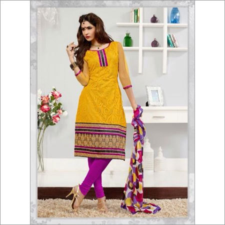 Yellow Chanderi Brasso - Soft Fabric, Knee Length, Vibrant Color, Printed Embroidery