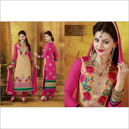 Pink and Cream Suit - Georgette, Floor Length, Pink | Floral Neck Embroidery, V-Neck, Elegant, Comfortable
