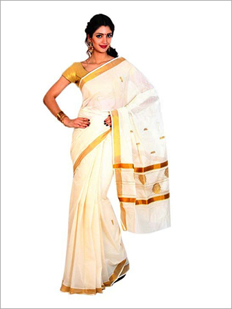 White Cotton Kasavu Saree With Blouse Piece