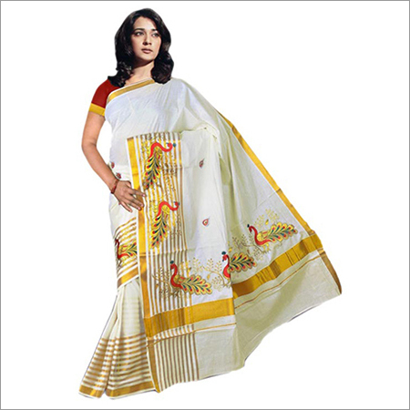 Kasavu Printed White Saree
