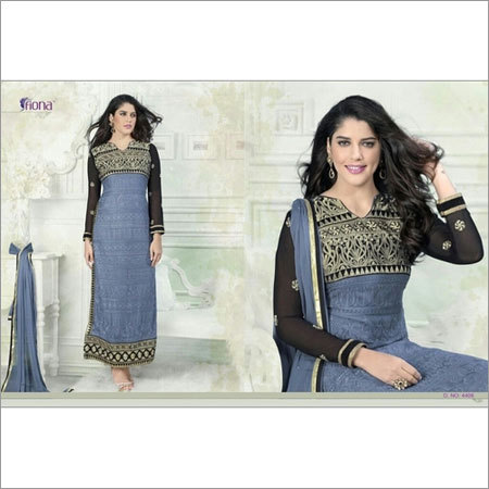 Grey Suit - Pure Georget Fabric, Grey, Floor-Length | Embroidered, Elegant Style, Comfortable Fit, V-Neck, Long Sleeves, Sophisticated Look