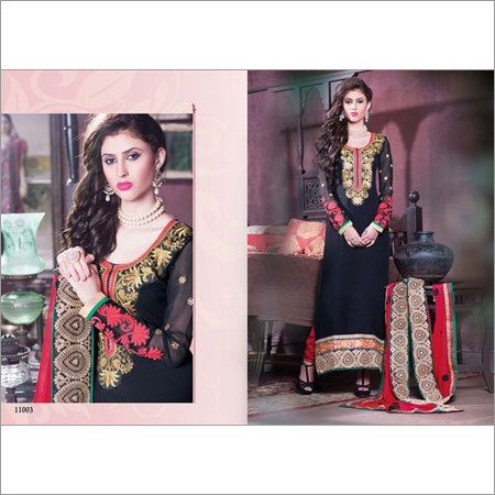 Dazzing Straight Suit - Georgette Fabric, Floor Length, Black Green Golden | Silver Zari Embroidery, Butta Work, Chiffon Dupatta
