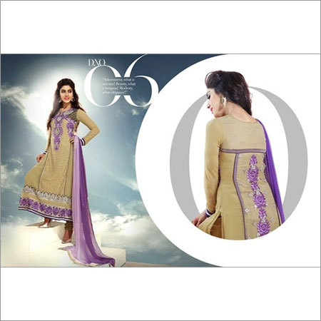 Party Wear Straight Suit - Georgette, Chiffon, Golden Blue Silver, Floor Length | Hand Embroidery, Zari Work, Floral Patch