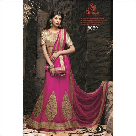 Recption Type Lehenga Choli - Soft Net, Santoon, Rani Pink, Heavy Butta Embroidery, Semi-Precious Stones, Gota Necklace Pattern, Customizable Size