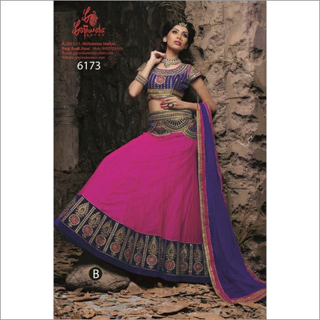 Classic Lehenga Choli - Soft Net & Blue Tafheta, Pink Zari Tikki Embroidery, Elegant Waistline Design