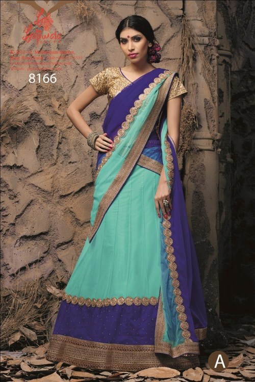 Antique Lehenga Choli - Soft Net Fabric, Aqua to Royal Blue, Zari & Stone Embroidery | Elegant Design, Cut Work Border, Comfortable Fit