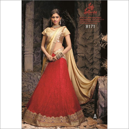 Admire Lehenga Choli - Red Net Jacquard, Custom Size | Sequence Embroidery, Cutwork, Stone Work, Chiffon Dupatta