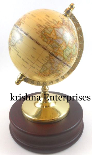 Wooden Brass Globe - Rosewood Base, 6-8 Inch Beige Sphere, Nautical Antique Look, Collectible Desk Décor