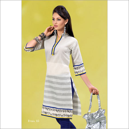 Traditional Kurti - Cotton, Floor Length, White Blue Yellow | Embroidery, Silver Zari, Floral Patch, Elegant Design