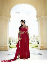 Party Wear Salwar Kameez - Georgette, Customized Up To 42, Red Color, Embroidered Full Sleeves Design, Elegant Ethnic Attire