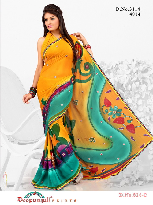 Yellow Color Work Saree