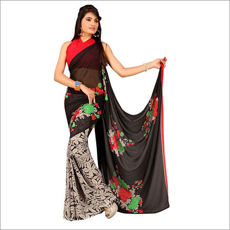 Indian Sari - Silk, 5.5 Meters, Black, Floral Pattern | Two-tone, Matching Blouse, Lightweight, Elegant Design