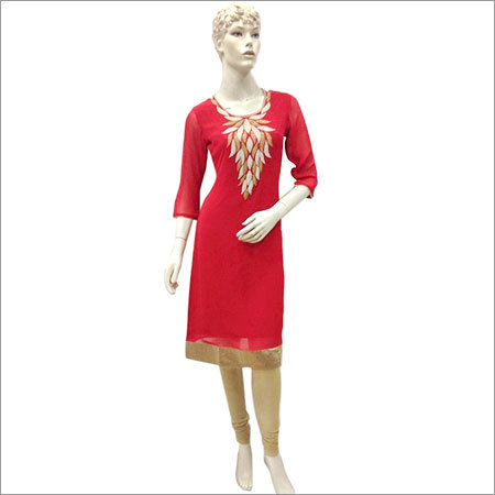 Western Tops - Chiffon, Custom Size, Red | Floral Embroidery, Three-Quarter Sleeves, Knee-Length, Comfortable Fit