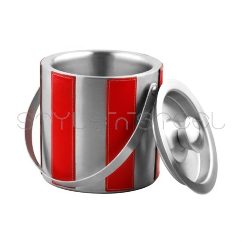 Leather Double Wall Ice Bucket - Stainless Steel, 1/1.5/2 Ltr, Red | Double Walled, Leather Cover, LFGB SGS Certified