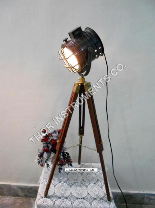 Antique Marine Table Spot Searchlight Tripod - Wood & Metal, 6.5"x6"x38", Brass Finish, Adjustable Height
