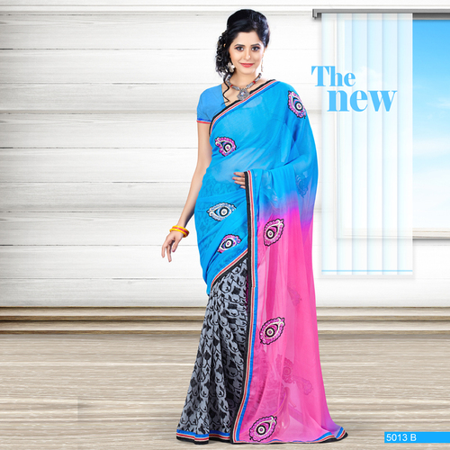 Latest Designer Printing Worked Saree - Heavy Chiffon & Georgette, Blue, 5.5m | Embroidery, Elegant Design, Versatile Drape